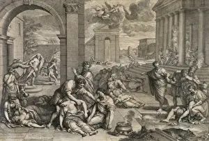 People suffering from plague outside temple