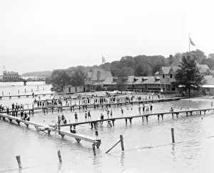 People swimming at an outdoor bath house in Detroit, Michiga