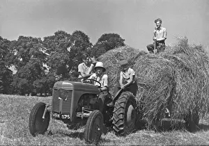 Harvesting Prints: Four people with a tractor in a field