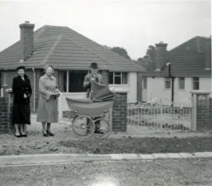Pram Prints: People with Vintage Pram, Fawley, Hampshire