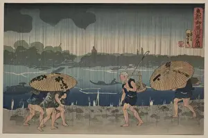 Rain Storm Prints: People walking beneath umbrellas along the seashore during a