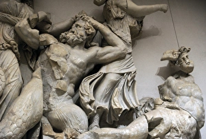 Images Dated 16th January 2012: Pergamon Altar. The three Moirai, goddesses of fate, kill th