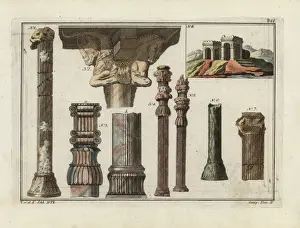 Capitals Prints: Persian columns and capitals, inset of building