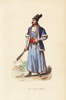 19thcentury Prints: Persian man in fur hat and jacket, carrying