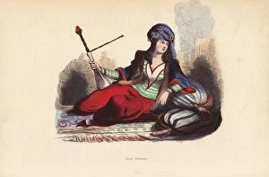 Persian noble woman in jeweled turban smoking a hookah pipe
