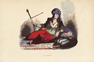 19thcentury Prints: Persian noble woman in jeweled turban smoking a hookah pipe