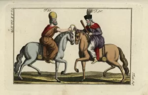 Two Persians on horseback clutching a brass