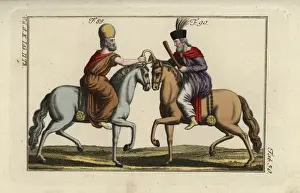 Horsemanship Prints: Two Persians on horseback clutching a brass