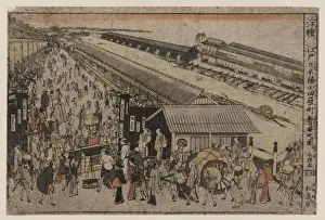Nihonbashi Prints: Perspective print of the market on Odawaracho at Nihonbashi