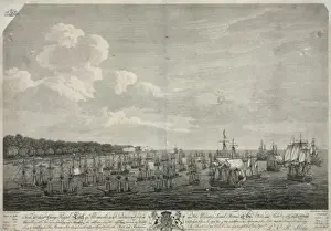 This perspective view of the landing and marching the troops