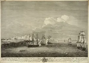 Perspective view of his majestys ship Dragon attacking Moro