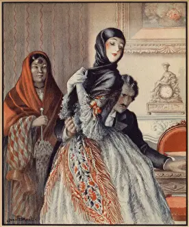 Elaborately Prints: A Peruvian doctor feels the stomach of an elaborately dressed woman Date: circa 1915