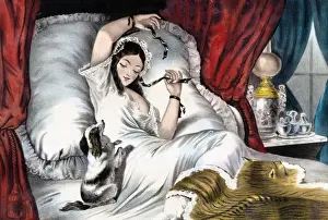 Waking Prints: Pet dog waking woman in bed
