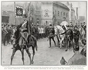 Belgrade Prints: Peter I of Serbia riding horseback from his coronation at St