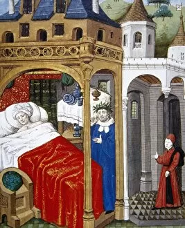 Petrarch appears in dreams to Boccaccio. Miniature in Book o