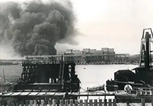 Petrol tanks burning, Constanza Harbour, Romania, WW1