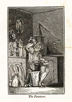 Spoon Prints: Pewterer hammering a pewter mug on an anvil in his workshop