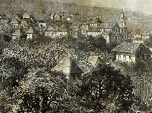 Ilustracion Gallery: Philippines. 19th century. Village in Luzon island. Engravin