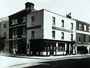 Prints of Photograph of Apple Market Inn, Kingston, Surrey. The main side of the print (shown here) depicts: Corner on view of the pub The National Brewery Centre Archives Prints: Photograph of Apple Market Inn, Kingston, Surrey