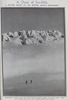 Abroad Collection: Photograph of the Hardanger Glacier, with two men on skis viewing the scene
