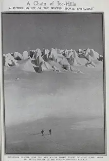 Photograph of the Hardanger Glacier, with two men on skis viewing the scene. Captioned, A Chain of Ice-Hills: A Future Haunt of the Winter Sports Enthusiast