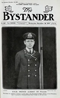 Photograph of HRH Prince Albert of Wales, outdoor formal portrait in naval uniform. With description, Who finishes his preliminary training as a naval cadet at the Royal Naval College, Osborne, to-day (Wednesday)