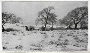 Photograph of lone figure, frosty December morning, by B Ward-Thompson, FRPS. Captioned, When Frost, the Sacred Painter, Spreads His Silver Pigment: The pathway to the church on a December morning'. Date: 1910