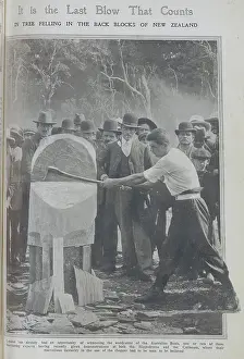 Dexterity Prints: Photograph of New Zealand woodcutter with axe and spectators looking