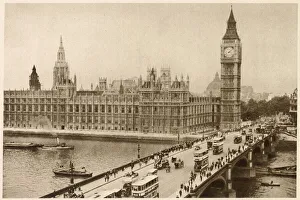 Photograph showing busy Westminster Bridge with pedestrians walking across Photograph showing busy Westminster Bridge with pedestrians walking across