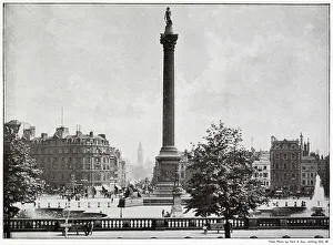 Photograph taken from the middle of the terrace of the National Gallery, Trafalgar Square with Nelson's Column in the middle and Whitehall behind. Date: 1890s