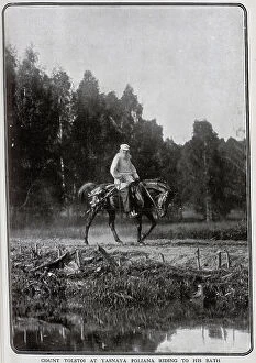 Tolstoy Collection: Photograph of Tolstoi (Tolstoy) riding to his bath, outdoor portrait on horseback