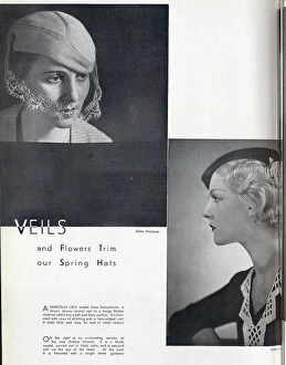 Satin Collection: Photographs of models in spring hats. Captioned, Veils and Flowers trim our spring hats'