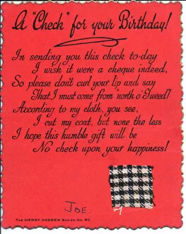Checked Gallery: Piece of checked cloth with comic verse on a birthday card