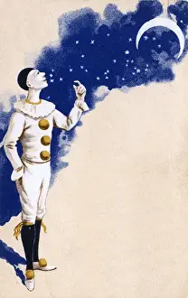Crescent Prints: Pierrot admiring the moon and the stars