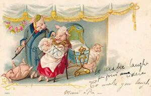 Pig couple with three children on a postcard