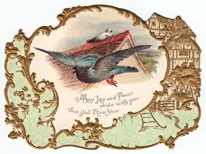 Pigeon and dove on a New Year card