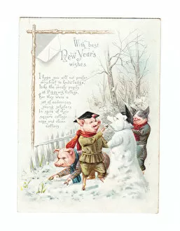 Images Dated 27th October 2015: Three pigs building a pig snowman on a New Year card