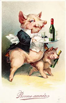Two pigs carrying in drinks on a French New Year postcard