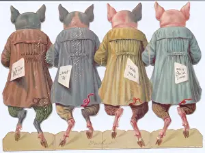 Four pigs with festive food on a cutout Christmas card