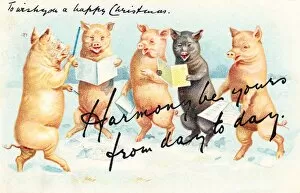 Baton Gallery: Five pigs singing carols on a Christmas postcard