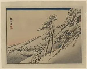 Hill Side Prints: Pilgrims ascending snow-covered hillside toward temple at su