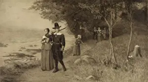 Pilgrims holding Bibles walking down path