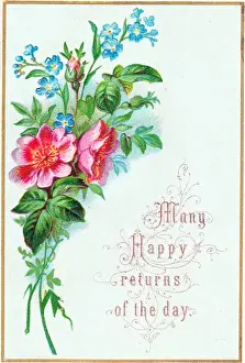 Pink and blue flowers on a birthday card