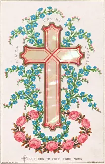 Forgetmenot Prints: Pink and blue flowers and a cross on a French card