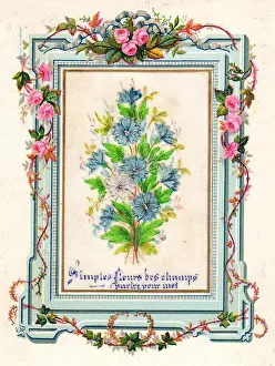 Pink and blue flowers on a French greetings card