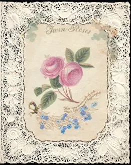 Delicate Prints: Pink and blue flowers on a paper lace romantic card