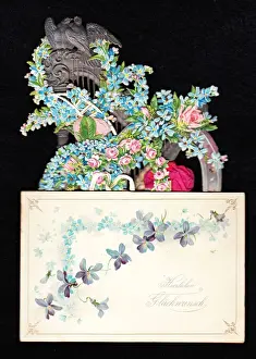 Lovebirds Prints: Pink, blue and purple flowers on a German greetings card