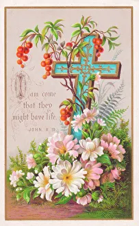 Berries Prints: Pink flowers with blue and gold cross on an Easter card