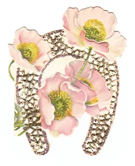 Pink flowers on a horseshoe-shaped greetings card