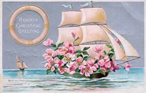 Images Dated 1st December 2015: Pink flowers in a sailing ship on a Christmas postcard